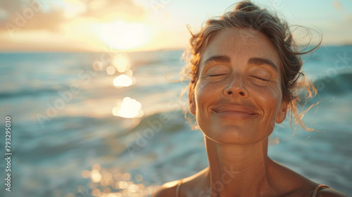 A joyful woman enjoys a moment at the beach, with eyes closed, basking in the sunlight.