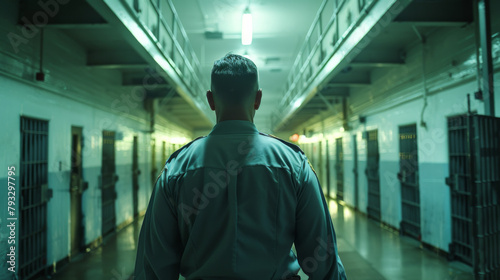 Back view of a correctional officer standing in a prison corridor, under artificial lighting.