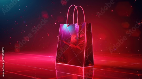 Paper bag with handles for shopping from futuristic polygonal red lines and glowing stars for banner, poster, greeting card. AI generated