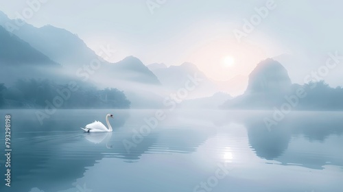 Swan floats calmly on a lake with misty mountains and dawn light. The peaceful presence of a swan on a serene lake with dawn breaking.