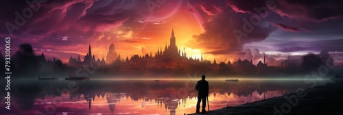 Digital painting of a fantasy city with a grand castle, tall towers, and vibrant sky. Waterfront scene with boats and a mysterious figure admiring the city. Panoramic Composition.