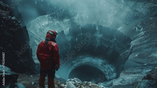 Person in red jacket standing near a massive sinkhole with eerie atmosphere