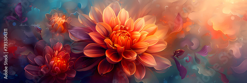 Realistic botanical illustration of dahlia and chrysanthemum flowers, in a vibrant and abstract style. Perfect for home decor and artistic purposes.