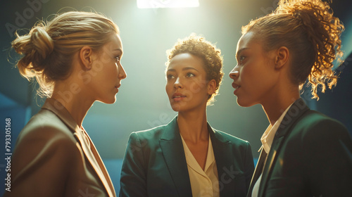 Three Young trendy beautiful diverse black white young businesswomen women talking. Business Professional company team, connection, connection, group, people, person, commercial, fashion