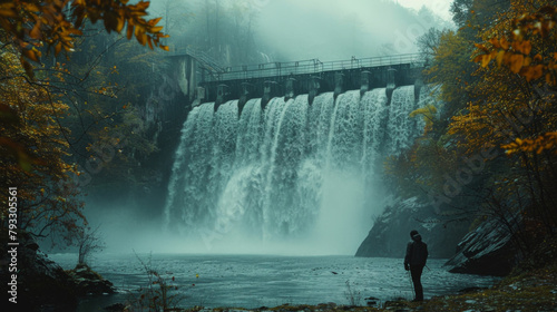Engineer standing near a large dam with flowing water amidst autumn foliage.