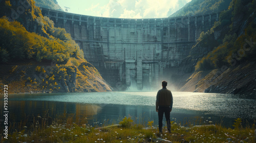 Engineer assesses a massive hydraulic dam surrounded by an autumnal forest landscape.