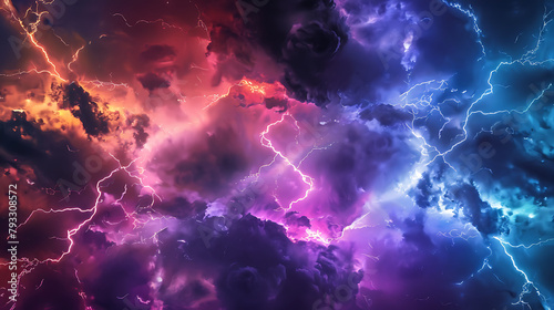 a dramatic scene of multicolored lightning bolts striking against a dark, cloudy backdrop.