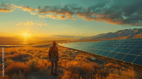 Engineer stands before solar panels at sunset with mountains in the background, contemplating design layout.
