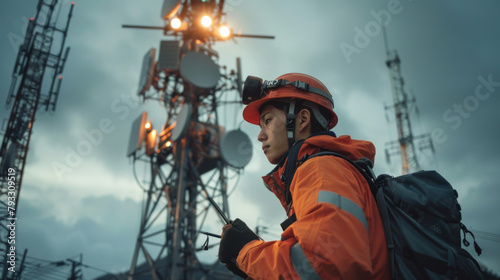 Engineer in orange safety gear with a backpack near a telecom tower.