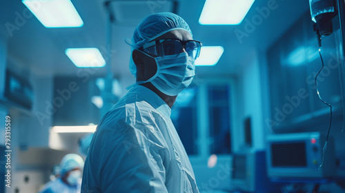 A gastroenterologist in scrubs with a mask and protective goggles in a blue-lit operating room.