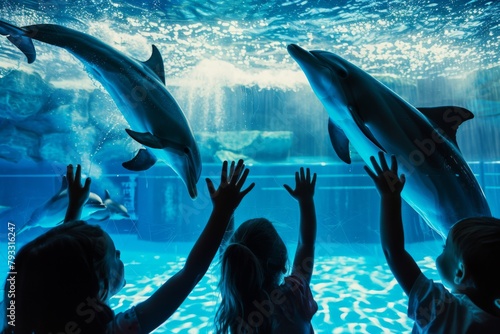 Children admiring azure mammals in an underwater world at the aquarium