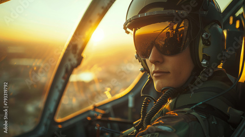 A helicopter pilot gazes forward while flying at sunset, with reflections in visor and warm light illuminating the cockpit.