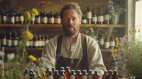 A man in an apron behind a table lined with homeopathic remedy bottles, surrounded by plants.