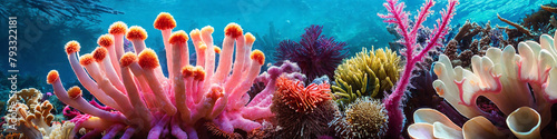 Horizontal banner with ocean reef with colorful tropical corals and sunlight streaming through the sea water. Underwater world beauty illustration. 