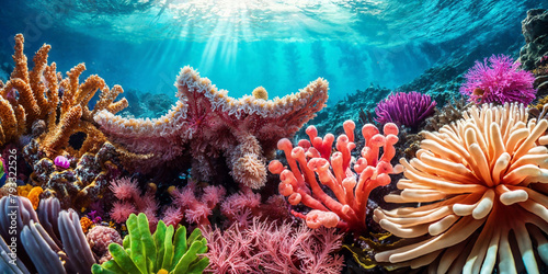 Illustration of underwater world with colorful tropical corals and sunlight streaming through the sea water. Beauty of the coral reef.