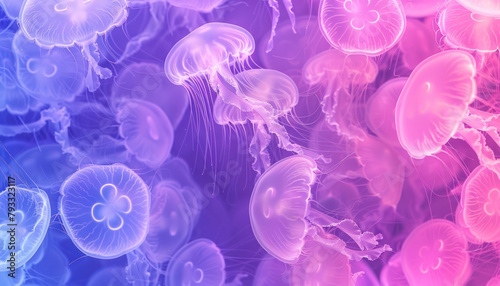 ethereal jellyfish floating in a mystical blue and purple gradient underwater seascape