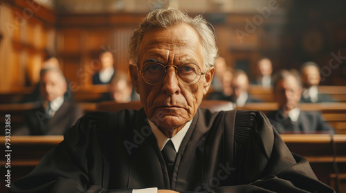 Solemn judge in black robes sitting in a courtroom with blurred background figures.
