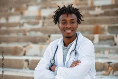 Smiling young african american medical student with stethoscope sitting in lecture hall
