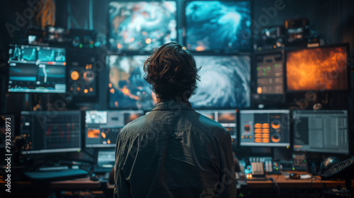 Person in control room monitoring weather patterns on multiple screens.