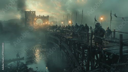 A group of military engineers constructing a pontoon bridge over a foggy river at dusk, in a somber and dramatic atmosphere.