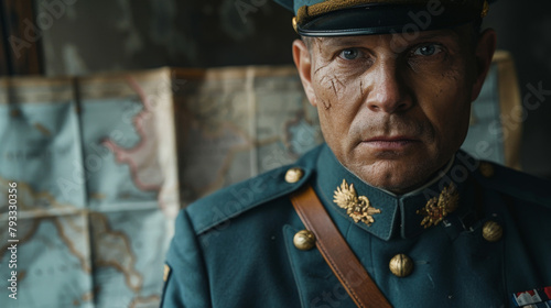 Close-up of a stern-faced military officer in uniform, with maps in the background.
