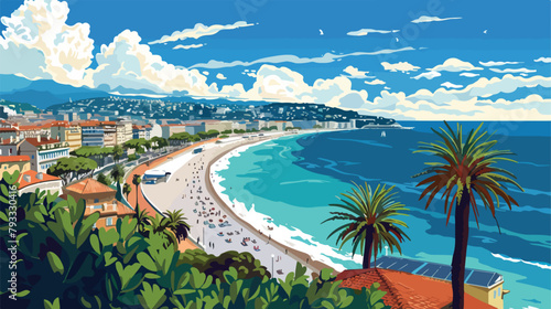 Beautiful beach in Nice France. Vector style
