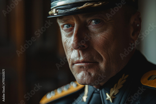 Close-up of a thoughtful military officer in uniform, cinematic style with moody lighting.