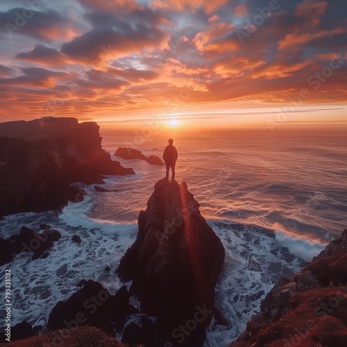 A man standing on a rock in the middle of the ocean, with a beautiful sunset in the background.