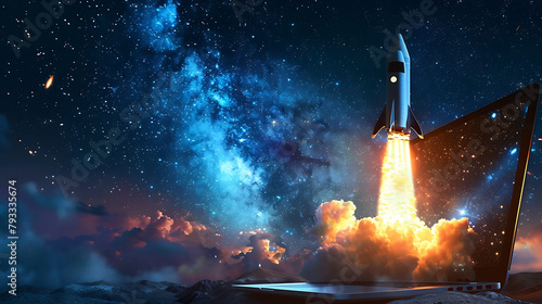 A rocket flying from the laptop screen with galaxy background