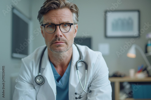 A pensive male otolaryngologist in a clinic office, wearing glasses and a stethoscope.