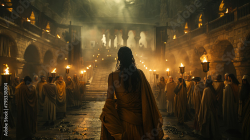 A person in a robe leads a torch-lit procession down stairs in a grand, atmospheric setting.