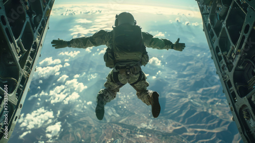 A paratrooper jumps from an aircraft, skydiving over a mountainous landscape, clouds below.