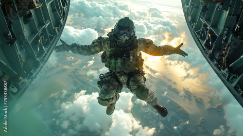 A paratrooper in mid-jump from a plane, captured in a wide-angle aerial shot with vibrant colors.