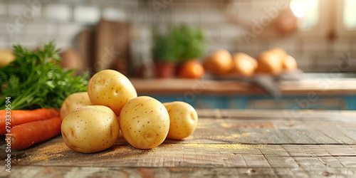 Potatoes and carrots on table, blurred kitchen background
