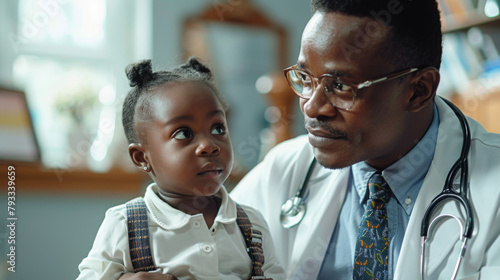 A pediatrician with glasses attentively listens to a young child during a consultation in a clinic.