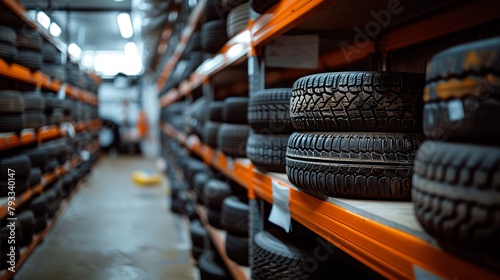 Tires in precise formation disrupted by rebellious unit, standing out on the shelf