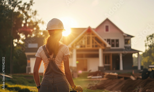 Girl woman, builder ,construction worker ,architect, project manager, manager, building her own home, constructor, with a hard hat on, in front of the new home house, white, worker, industry, equality