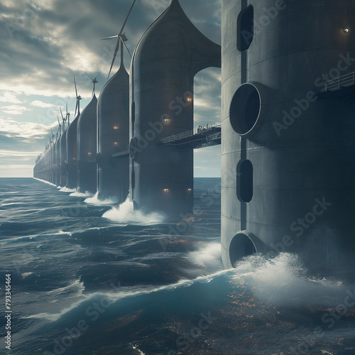 Photorealistic depiction of a futuristic tidal energy station