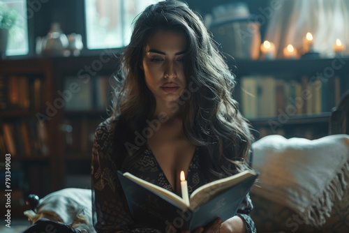 A woman reads from a book in a dimly lit room with burning candles and a moody atmosphere.