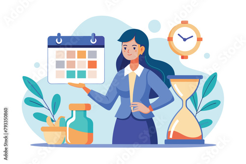 A woman looking at a calendar while holding an hourglass, Woman with hourglass and calendar trending, Simple and minimalist flat Vector Illustration