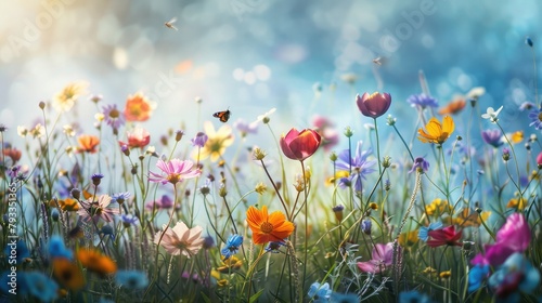 colorful field of wildflowers in full bloom, with bees buzzing and butterflies fluttering among the blossoms in a vibrant display.