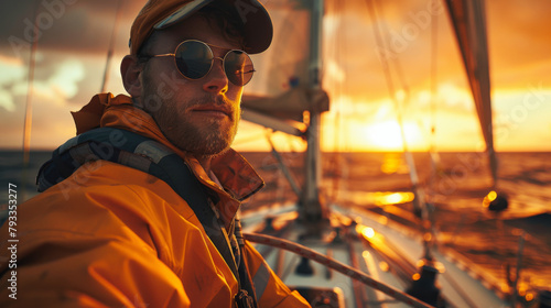 Sailing instructor with sunglasses at the helm during sunset.
