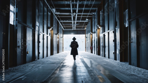 Silhouette of a security guard standing in a dimly lit corridor with a cinematic atmosphere.