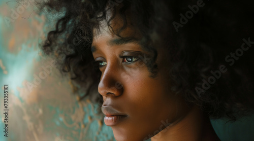 An African American woman looking downward as if saddened, depressed, or deep in thought while considering her options. Room for copy