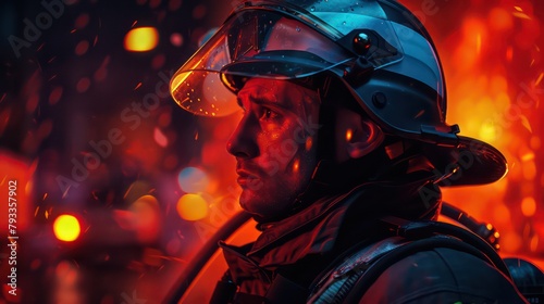 Portrait of fireman wearing a protective uniform with flashlight included standing in a fire station garage and looking sideways