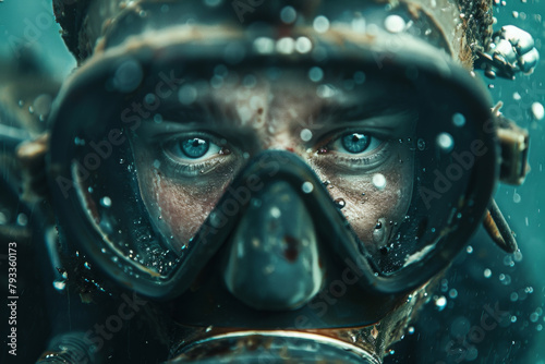 Close-up of a person in diving goggles underwater, with bubbles and a cinematic tone.