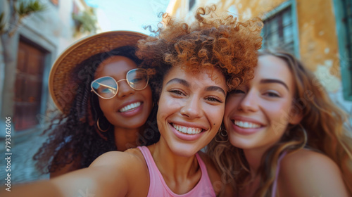 Three happy young women taking a selfie together on a sunny day in a city street.