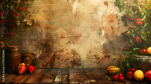 Vintage Rustic Table Wall Background with Fruits and Vegetables
