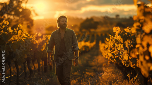 Man standing amidst vineyard rows at sunset, with warm golden light illuminating the scene.