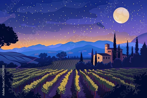 Enchanting nightfall in Tuscany, with a villa overlooking vineyards under a starry sky, ideal for travel and wine culture themes.